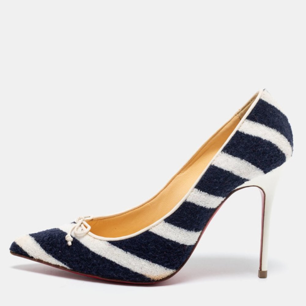 Christian Louboutin Navy Blue/White Striped Terry Fabric Decollete Spa Pumps